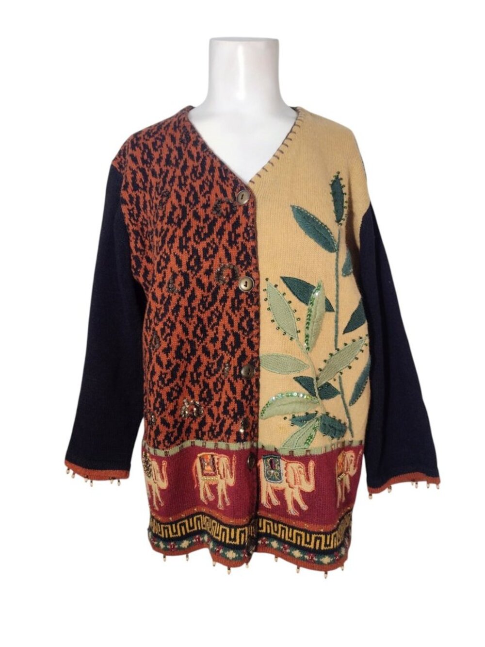 Arriviste Sequin Button Cardigan Sweater L Beaded Fringe Art to Wear Tribal Vtg
